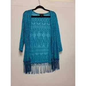 Investments Womens XL Cardigan Blue Open Front‎ Fringe Hem Top Extra Large